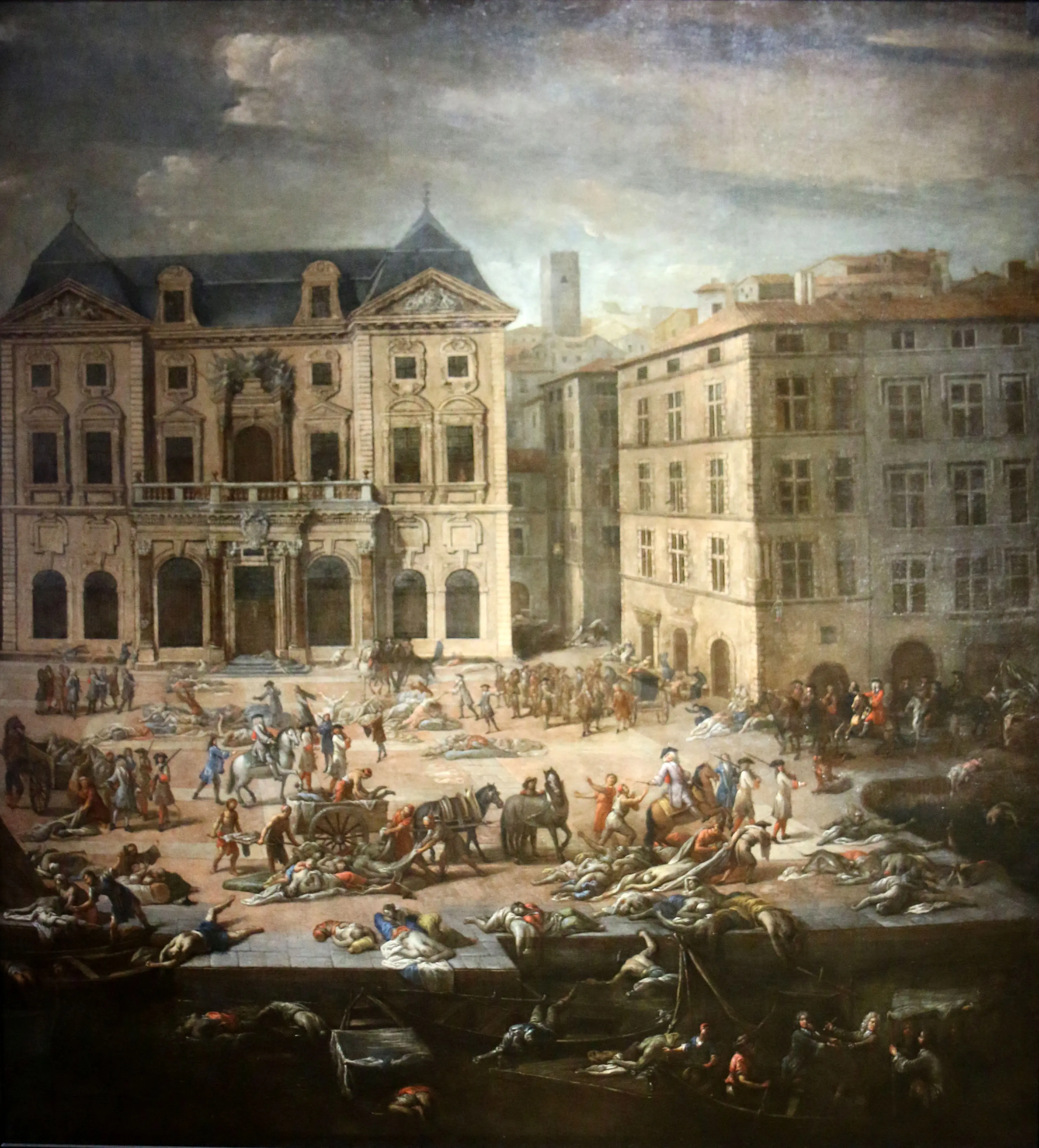 Michel Serre: View of Marseille’s town hall during the Plague of 1720, painted 1721. Marseille is considered the portal through which the Plague entered Western Europe and it was affected by it often and early and late. This is one of two similar paintings by Serre – the other shows an avenue similarly littered with crowds and corpses. Artistically this is as fascinating as Serre is famous. From the hobby historian’s point of view it’s most interesting to see the attitudes towards the plague. As tempting as it is to imagine a city truly ravaged, with empty streets, eerie silence etc., in spite of the scourge life has always had to go on: Someone has to bury the dead, to go eating and drinking, to feed and to water, to organise and to watch and to rule, to ride around merrily and fight off the peasants that haven’t paid their due to the reaper yet (lower right centre). Waiting till it’s over wasn’t an option, nor would it be now.