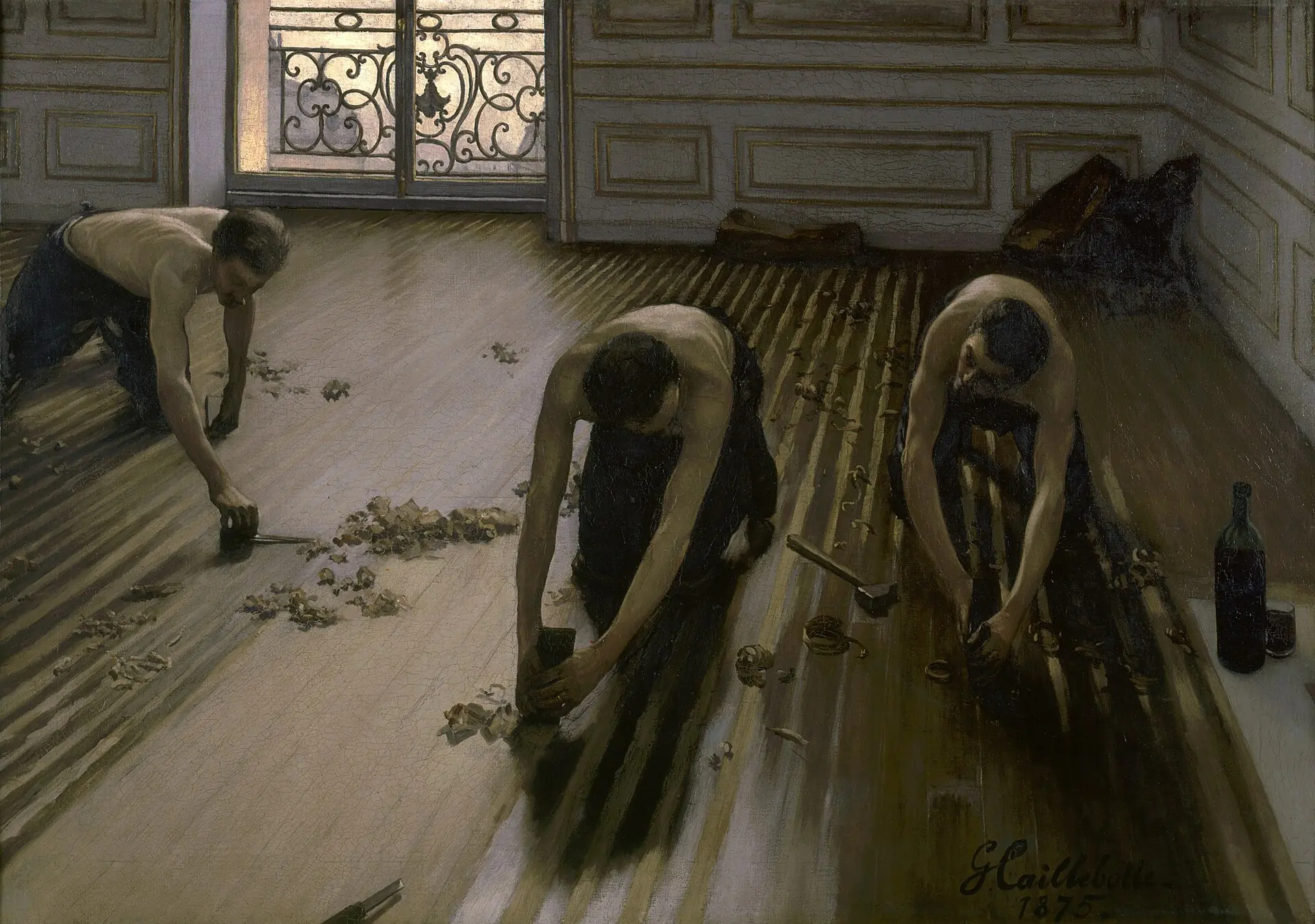 Gustave Caillebotte: Parquet Planers, 1875. A recurring narrative in the Musée d’Orsay is the offence that academic painters took at the new ideas coming up after 1850. The well-known new champion is a stylistic matter, impressionism. More interesting to me is a thematic conflict. This painting was lambasted for its depiction of what couldn’t even pass as a genre piece: Mere craftsmen performing a very mundane task. And it’s big! and realistic! and created with plenty of patience over a long period of time! What a scandal.