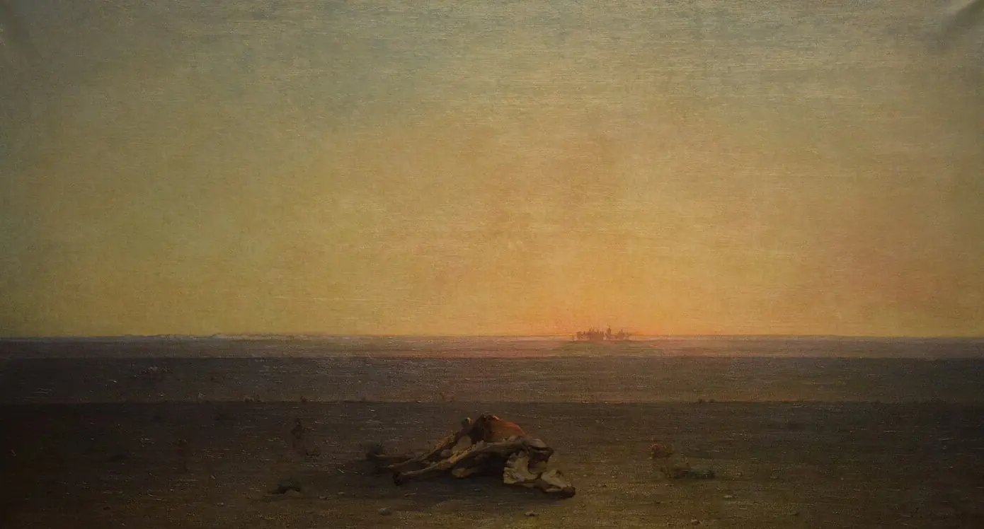 Gustave Guillaumet: The Sahara, 1867. Orientalism was en vogue then and many painters left bizarre exhibits of kitsch and off-kilter stereotyping behind. Sometimes less can be more: as here.