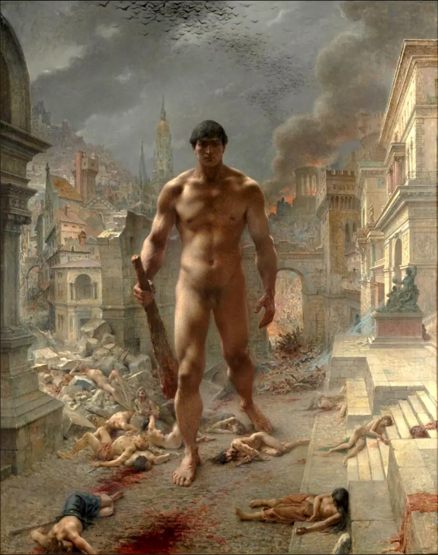 Henri-Camille Danger: Scourge, 1901. If realism had been an rarity in 1850, this might have been such in 1901. I wouldn’t rate it as a masterwork, but surely as an eyecatcher. Great fun must Danger (what a name!) have had with the architecture: Filling in one tiny folly after another, each one ever more anachronistic in relation to the others. Is it too overloaded? Quite, but in a still entertaining way.