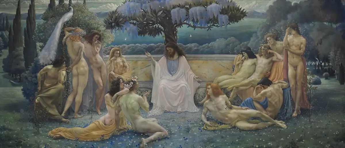 Jean Delville: The School of Plato, 1898. The effect is so artificial that it almost seems as if you’re looking at two layers in different distances: The warm-ish figures in front of an “underwater” landscape tell you everything about colour and temperature contrast you ever wanted to ask.