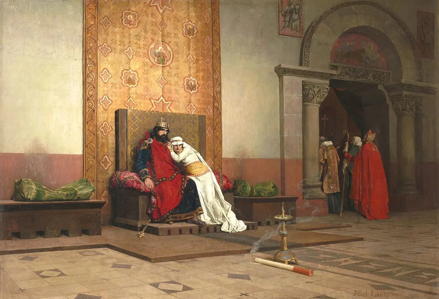 Jean-Paul Laurens: The Excommunication of Robert the Pious, 1875. Every once in a while there’s a craving for some grand historicist rag. Robert had married his second-degree cousin Berthe of Burgundy. The Pope objected on grounds of consanguinity (a pretense for more profound political reasons), first asked Robert nicely to get rid of Berthe and then, not being granted that wish, excommunicated him. While after the official separation the ban was lifted, the couple stayed together in spite of Robert’s next, church-approved marriage a few years later. The painting, I think, does a great job at picking an uncommon moment for its depiction: The afterwards. the damage done. Symbolism (the extinguished candle etc.) aside, there’s one irrelevant detail I love: The smudges on the wall above the sitting pillows.